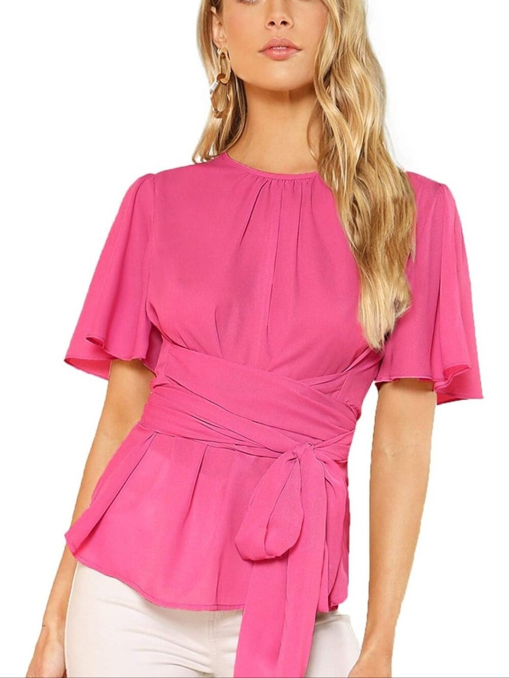 Romwe Women's Self Tie Wist Short Sleeve Casual Chiffon Blouse Small